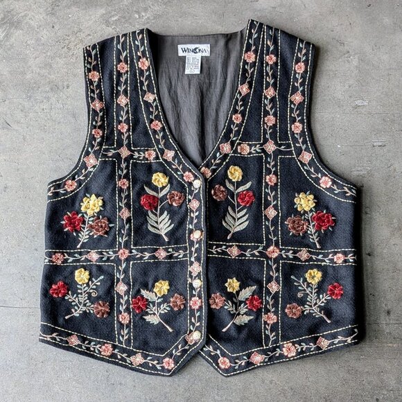 Vintage Tops - Vintage Winona Knits Navy Red Yellow Floral Embroidered Wool Vest large
